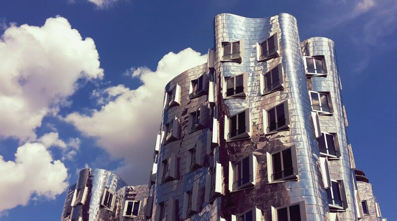 architecture, building, skyscraper, exterior, modern architecture, facade, metal facade, media harbour, nature, düsseldorf, gehry, windows, reflections, clouds, sky, modern, germany, urban development