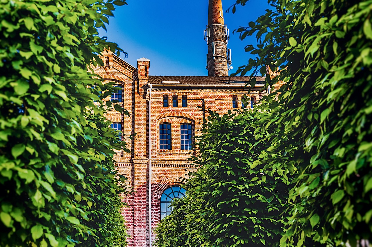 old factory, brick, architecture, building, industrial, foliage, facade, industrial building, city, exterior, office, industry, business, green business, green office, green city, green building, green company, green old, green industry
