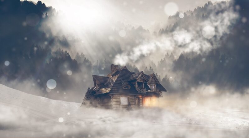 winter, snow, house, landscape, log cabin, trees, fog, nature, blizzard, light, dazzle, snowflakes, idyllic, snow landscape, afterglow, romantic