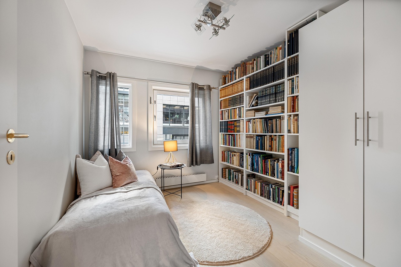 interior design, bedroom, furniture, room, cabinet, shelf, bookcase, interior, bed, home decoration, home decor, home, house, real estate, modern, decor, luxury, blanket, pillow, plant, view, nature, window, floor, carpet, art, design