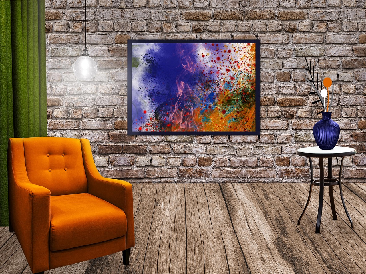 chair, indoors, interior, wood floor, brick wall, table, curtains, room, home, furniture, modern, apartment, painting, picture, room, room, room, room, room