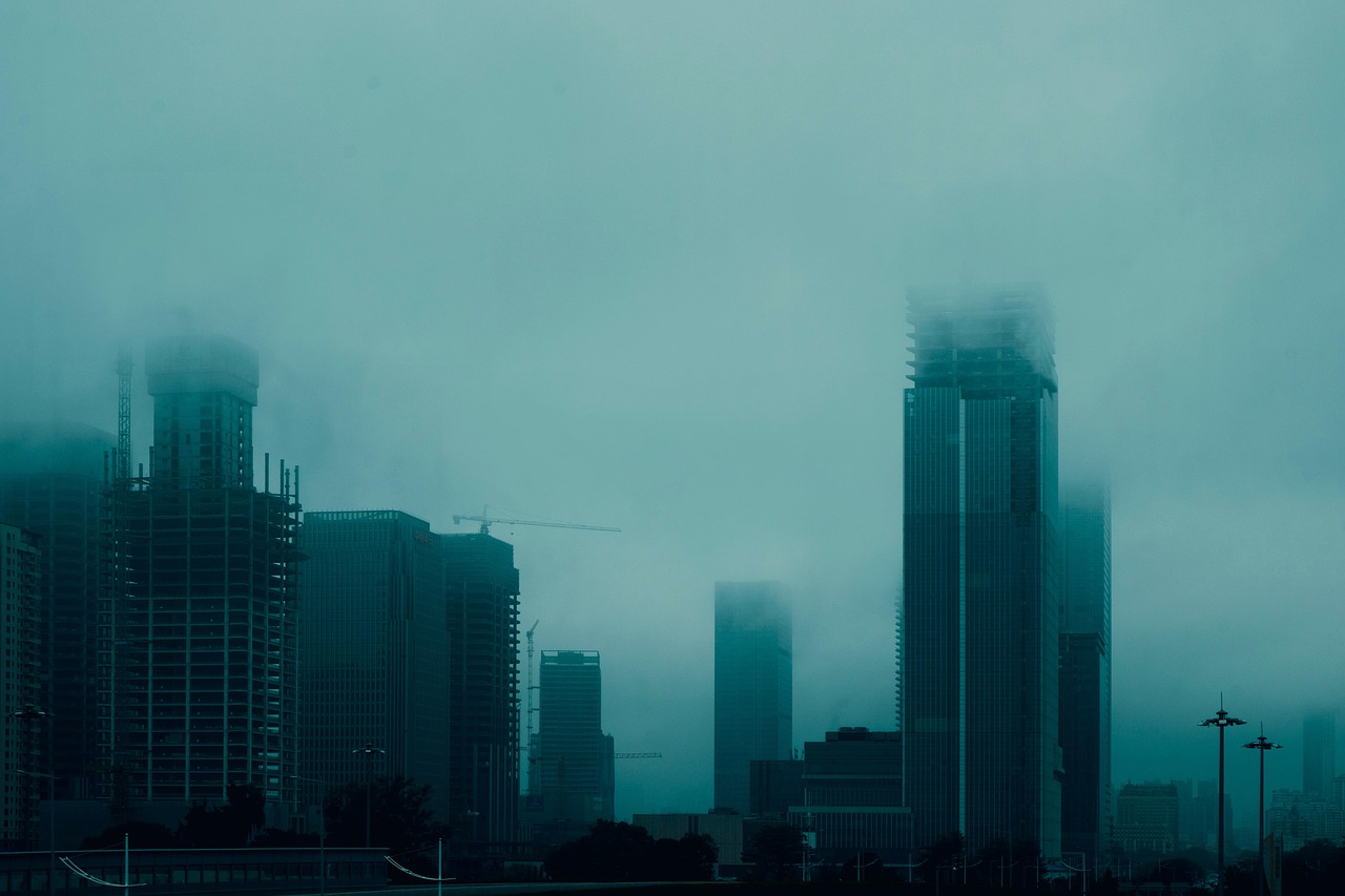 doomsday style, cyan-blue, foggy day, ruins, city, building, wasteland style, cloudy day, foggy day, city, city, city, city, city, cloudy day, cloudy day