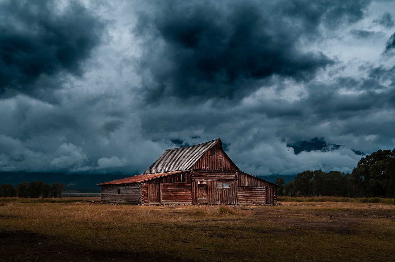 cabin, countryside, storm, nature, barn, rural, sky, clouds, weather