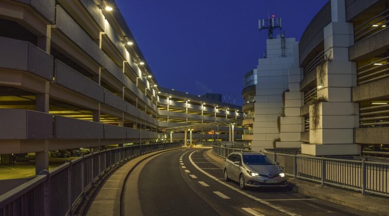 airport, parking garages, night, illuminated, modern, lights, facade, city, architecture, dusseldorf, road, building, vehicle, bridge, terminal