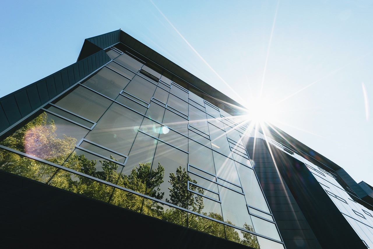 architecture, reflection, looking up, sun, sun flare, sun star, blue sky, modern, architectural, tree, leaves, green, nature, futuristic, building