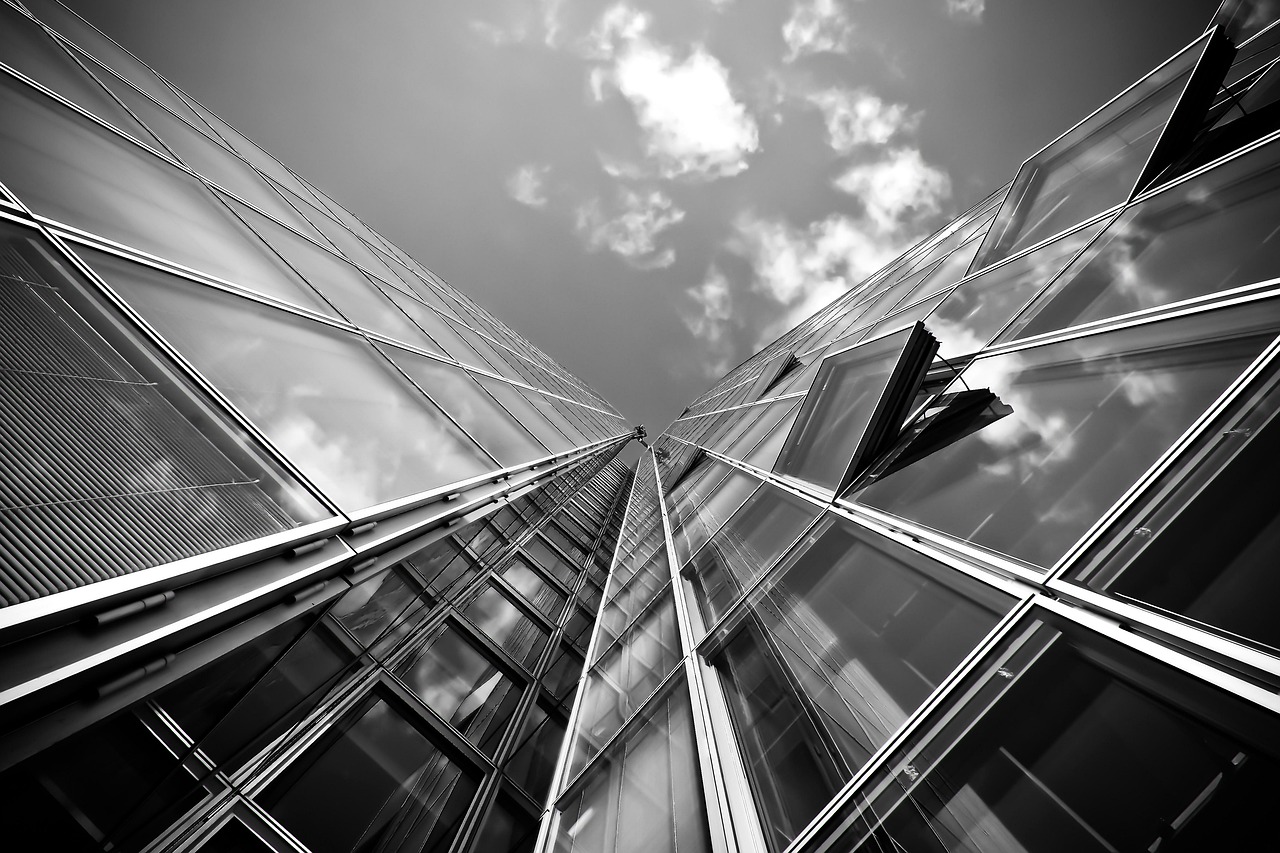 building, architecture, black and white, facade, skyscraper, modern architecture, high rise building, modern building, office building, glass facade, modern, glass, window, sky, nature, reflection, city, urban, düsseldorf, low angle shot, monochrome