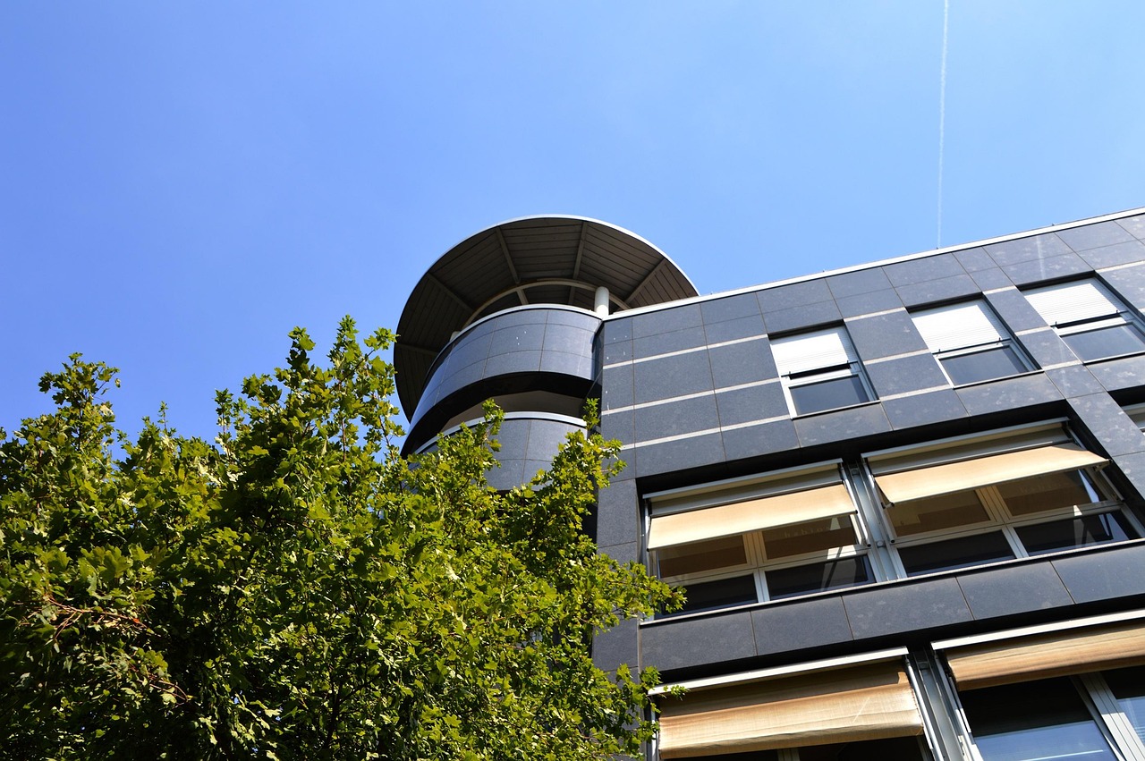 architecture, building, facade, rondell, heidelberg, pharmacy, tower, entrance, parking spot, portal, design, greening, heaven