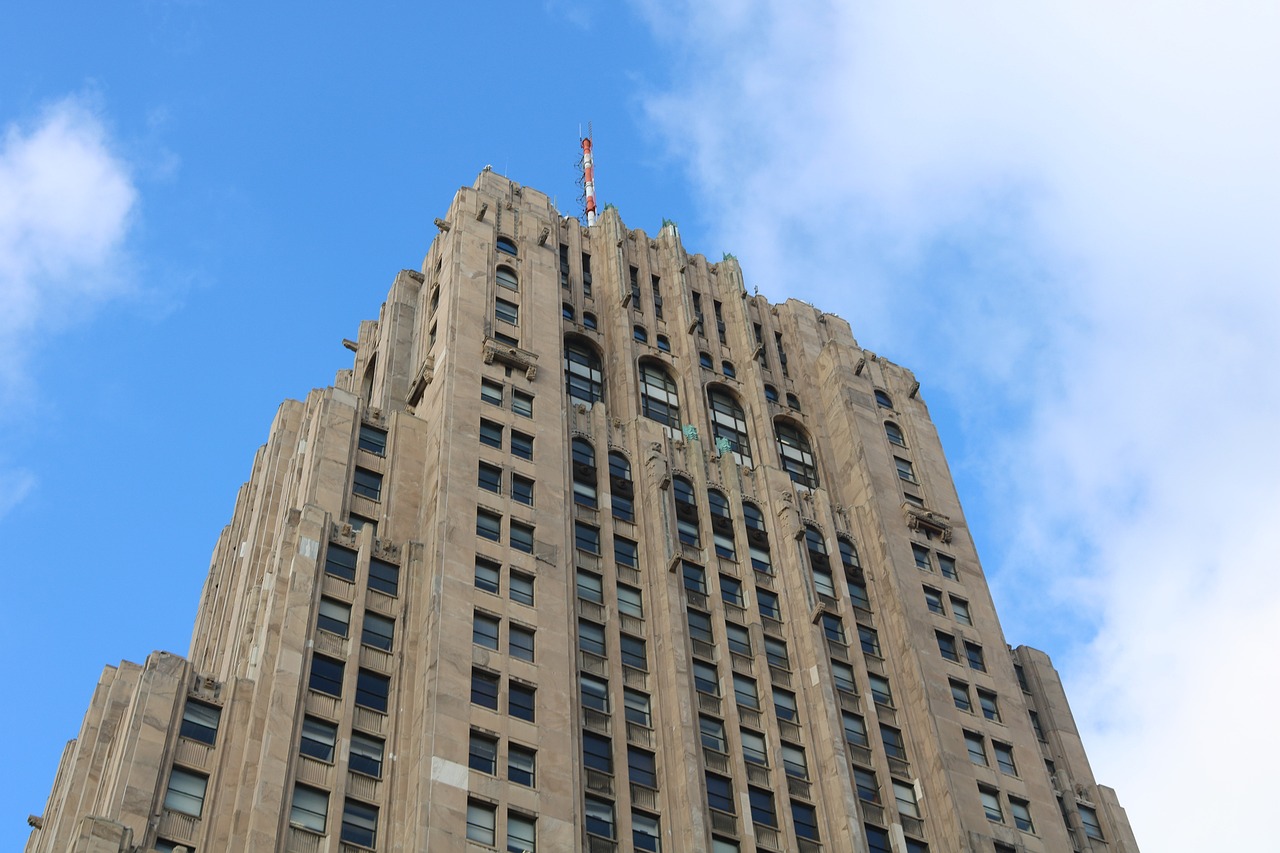 fisher building, detroit, sunny, nature, clouds, skyscraper, art deco, building, stone, windows