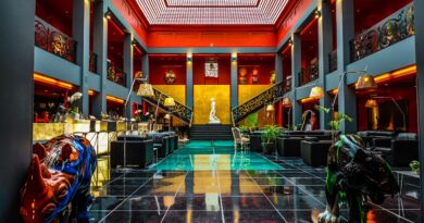 city, stock, street, travel, luxury, upscale, boutique, hotel, black, statue, sculpture, animal, tiger, rhino, colorful, colors, interior, tile, art deco, interior design, decore, fancy, expensive, lobby, nature, room