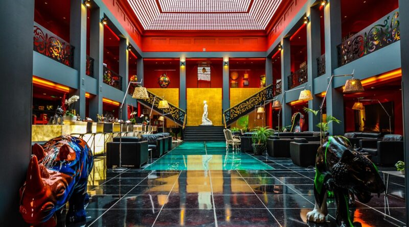 city, stock, street, travel, luxury, upscale, boutique, hotel, black, statue, sculpture, animal, tiger, rhino, colorful, colors, interior, tile, art deco, interior design, decore, fancy, expensive, lobby, nature, room