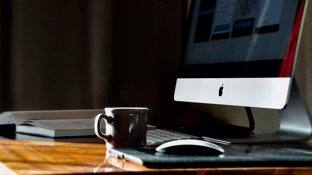 coffee, cup, desk, notebook, coffee cup, display, imac, design, home, work, workspace, work from home
