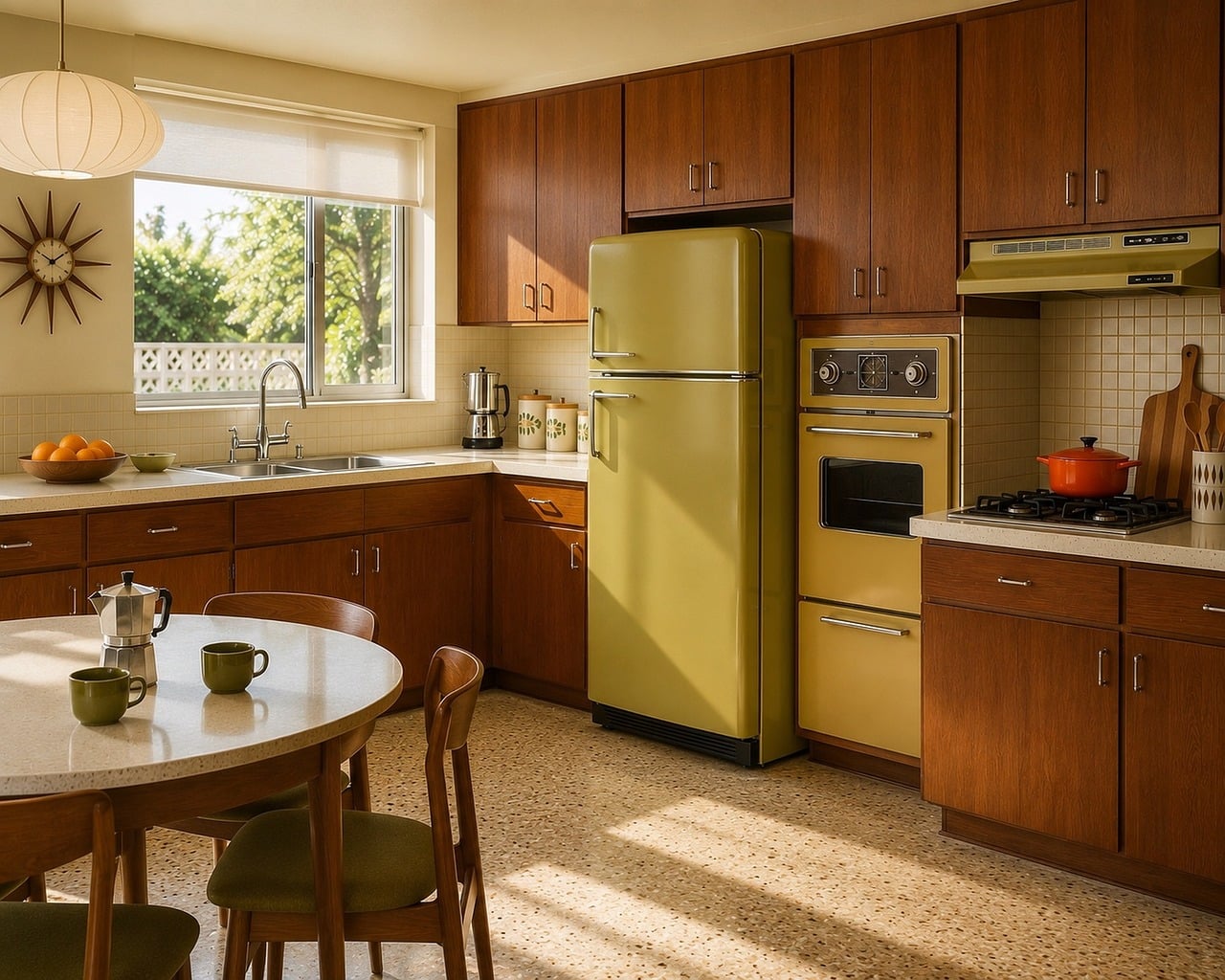 midcentury, retro kitchen, interior design, terrazzo floor, retro refrigerator, vintage interior, wood paneling, modernist architecture, retro home, avocado green, kitchen design, vintage kitchen, architectural photography, luxury home, clean design, dining table, bowl of oranges, metal funnel, pepper grinder, coffee grinder