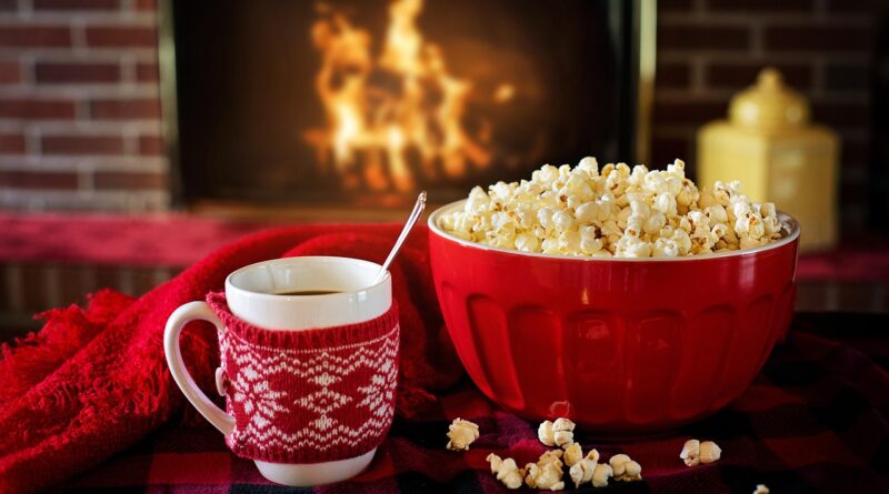 warm and cozy, popcorn, coffee, fireplace, cozy, coffee cup, warm, home, christmas, cold, fire, cup, comfort, comfortable, mug