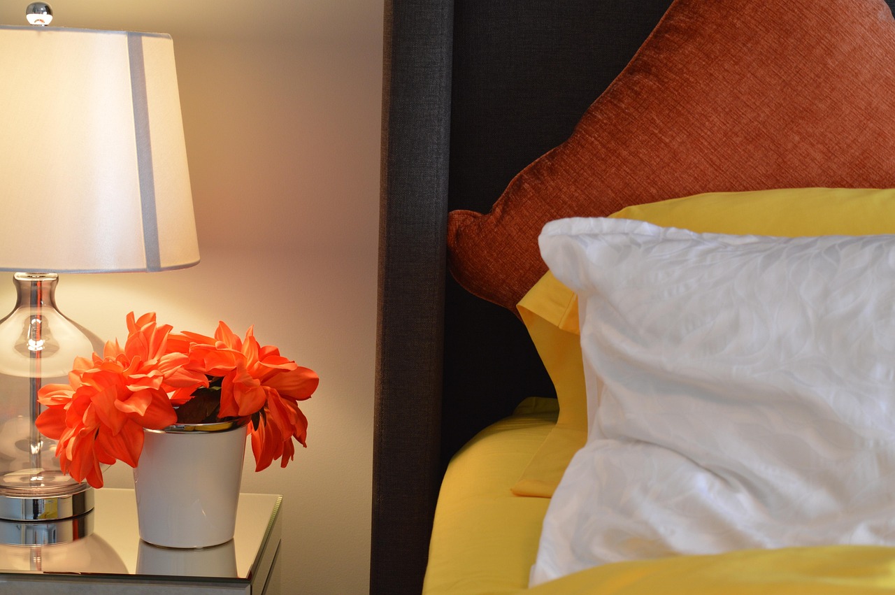 bed, lamp, bedside, flower background, pillows, flower, bedroom, house, flower wallpaper, home, cushions, bedspread, headboard, accommodation, room, interior, table, beautiful flowers, furniture, bedtime, comfort, nature, comfortable, bedding, linens, night table, decor, brown flower, brown home, brown house, brown room, brown night, brown table, brown bed, brown bedroom, brown interior, brown lamp