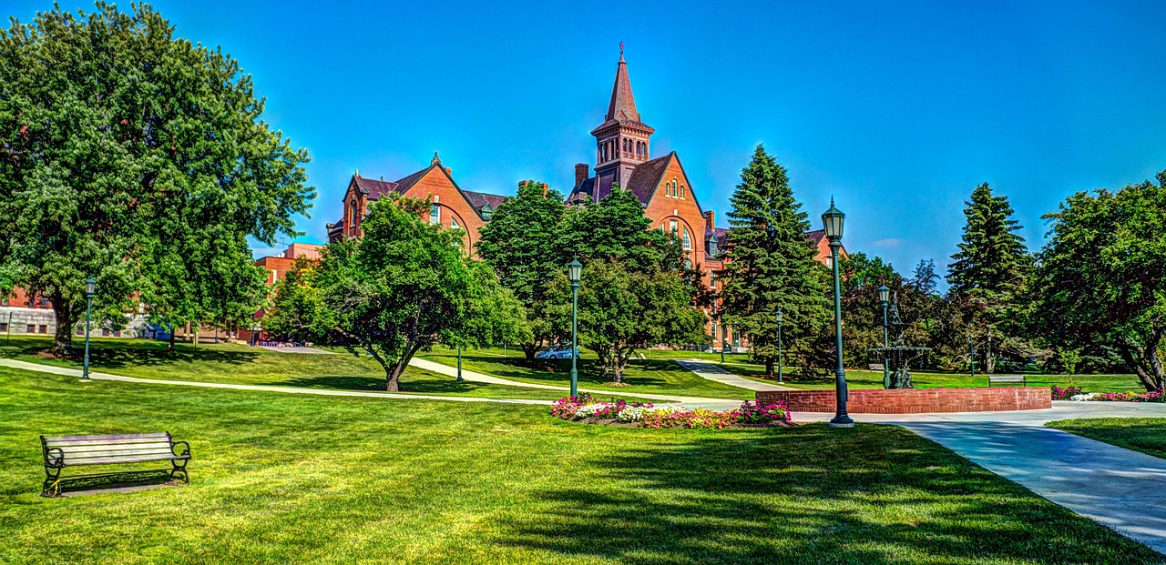 university, architecture, university of vermont, burlington, vermont, summer, design, green, sky, nature, landscape, beautiful, blue sky, outdoor, grass, scenery, sunny, colorful, blue, sunlight, beauty, green sky, green design