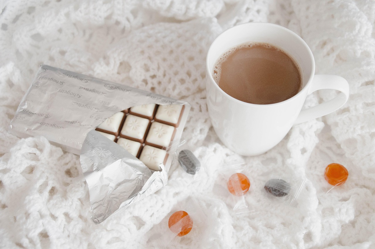 coffee, chocolate, warmly, winter, drink, mug, layout, white, candies, knitting, coffee cup, caffeine, holidays, cosiness, atmosphere, house