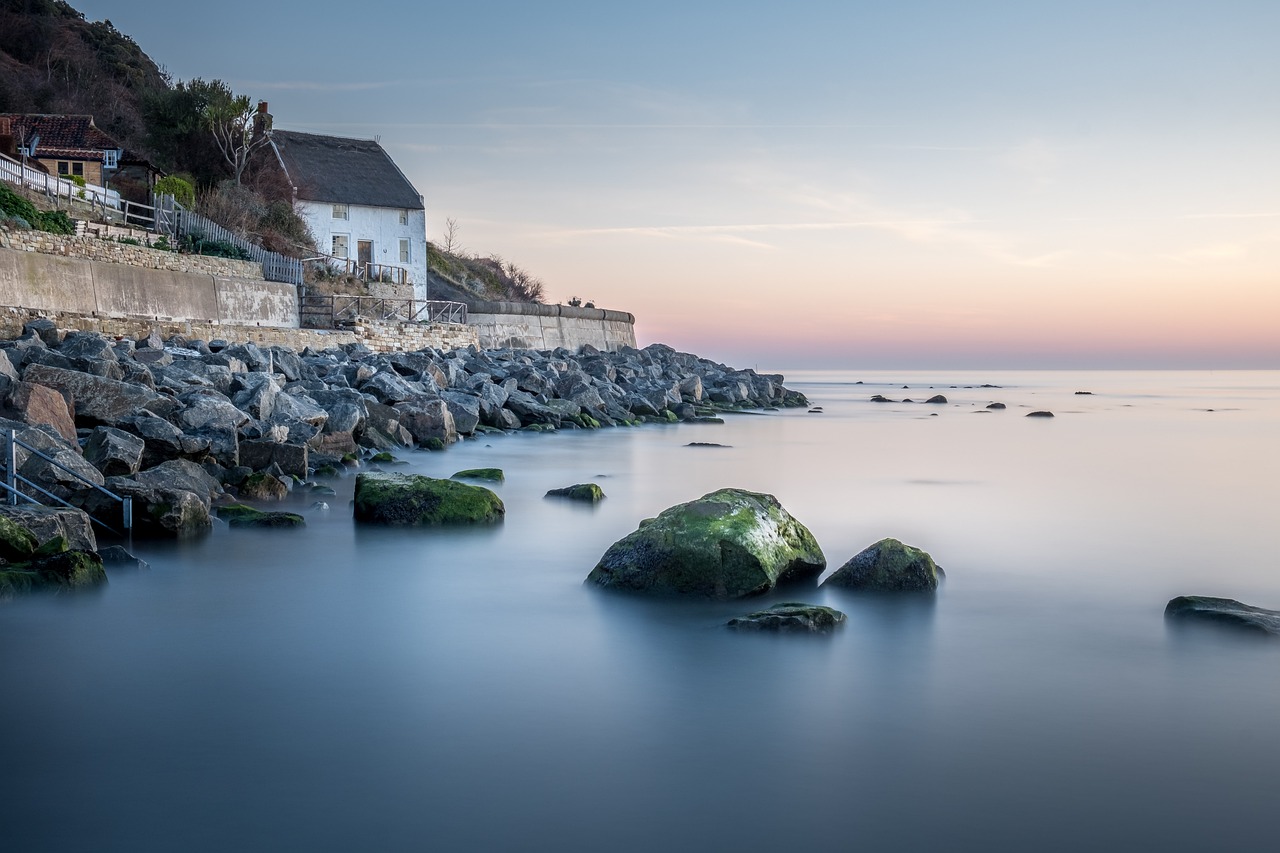 runswick bay, thatched cottage, yorkshire, east coast, england, sunrise, seascape, thatched, cottage, coast, spring, morning, dawn, uk, rocks, shore, historic, light, pretty, bay, long exposure, smooth water, north sea, seaside, nature, holiday