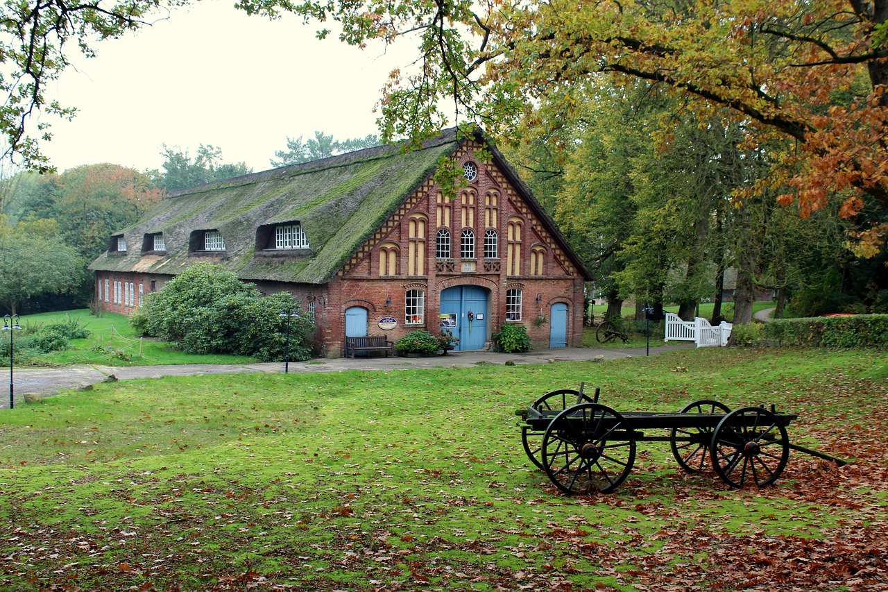 farmhouse, nature, homestead, court, building, house, farm yard, agriculture, rustic, old farmhouse, historical, rural, old building, house facade, architecture, nostalgia, entrance, fall, worpswede, leaves, northern germany, lower saxony, truss, thatched roof