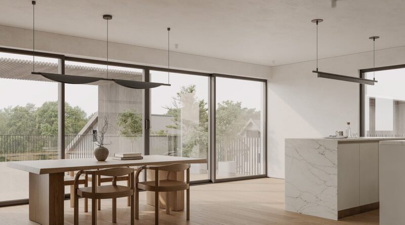 modern kitchen, dining table, wooden floor, minimalist design, pendant lights, large windows, bright interior, open space, simple furniture, scandinavian style, interior design, stylish dining room, sliding doors, architectural design, natural lighting, kitchen with view, clean lines, outdoor terrace