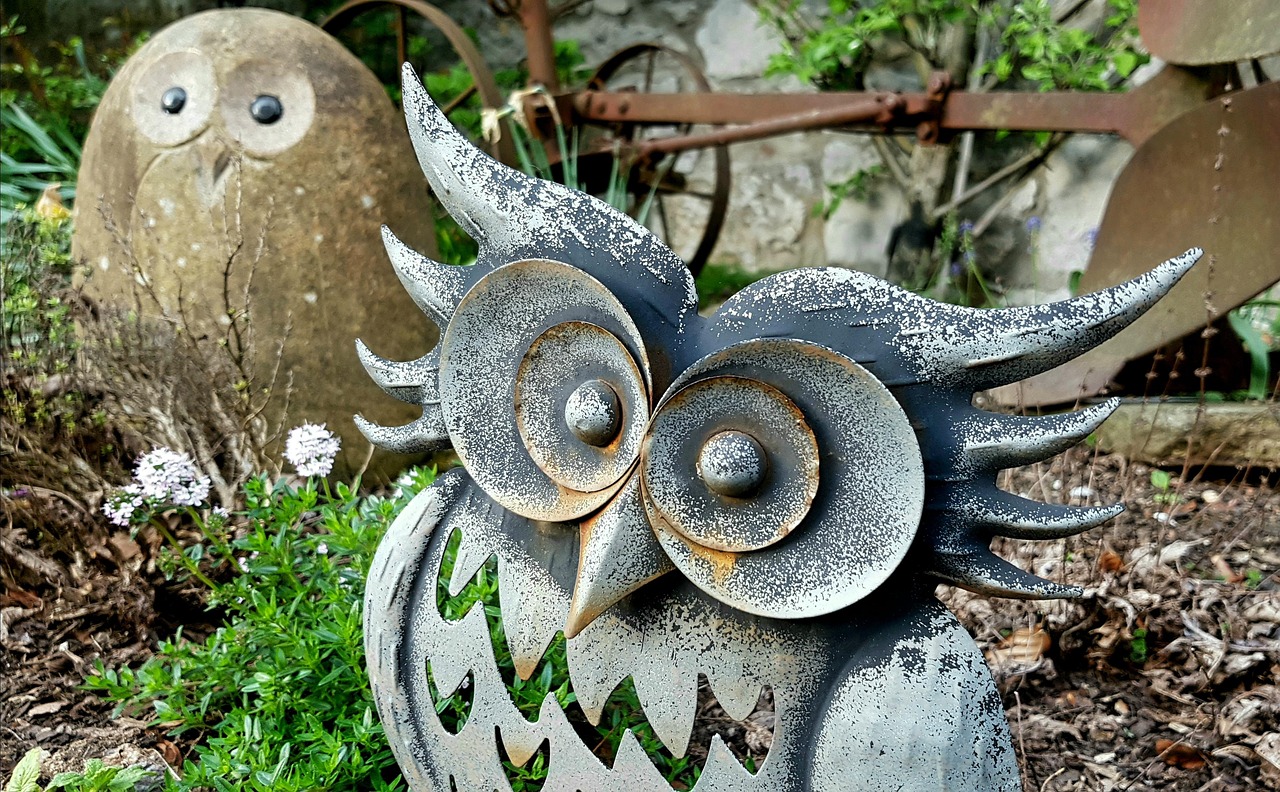 owl, bird, figure, nature, animal, wildlife, deco, decoration figure, garden, garden decoration, metal animal, stone owl, metal owl, decoration, eyes, decorative, sculpture