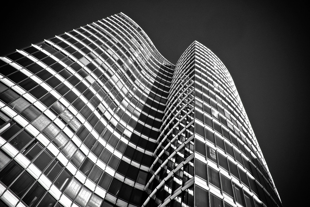 architecture, skyscraper, building, glass windows, modern, facade, düsseldorf, city, modern architecture, modern building, windows, office building, urban, high, downtown, skyline, exterior, black and white, monochrome, building, building, building, building, building