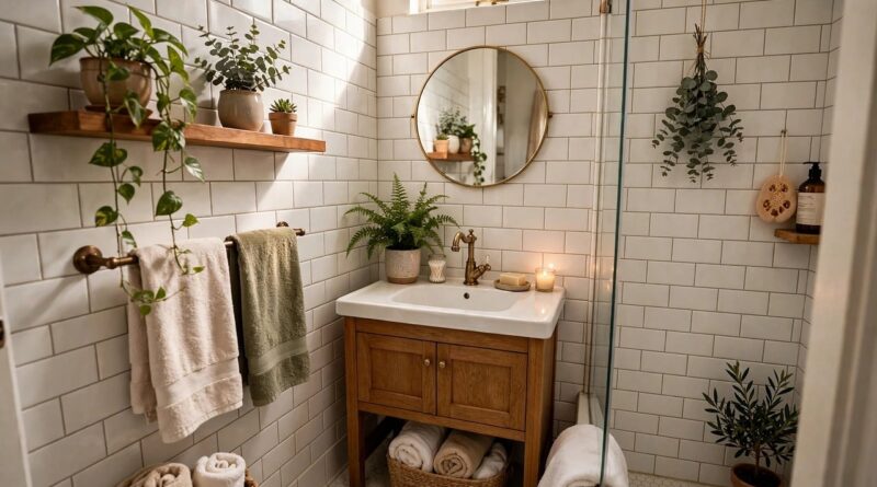 bathroom, round mirror, green plants, glass shower, bamboo towel, candle, white tiles, towel rack, wooden cabinet, decoration, rustic style, zen feeling, interior, minimalist design, hanging shelf, feeling of relaxation, relaxation, cosy atmosphere, morning