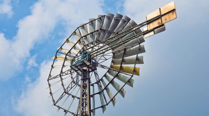 windmill, wheel, wind, wind energy, heaven, blue, metal, wind power, electricity, power generation, rotor, environmentally friendly, clouds, wind power plant, wind turbine, rotor blades, propeller, energy, energy generation, old, industry, landscape park, duisburg, technology, nature, industrial heritage, ruhr area, north landscape park, architecture, sightseeing, generation