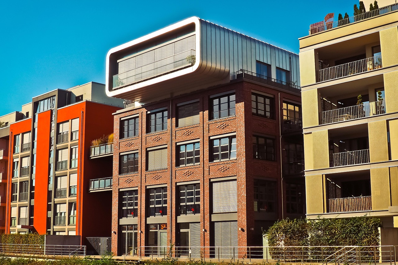 architecture, modern, building, house, facade, dusseldorf, roof, abstract, design, city, urban, minimalist, reduced, modern roof, old, new, old and new, old and modern, cityscape, metal, brick, heaven, blue, red, old building, stone