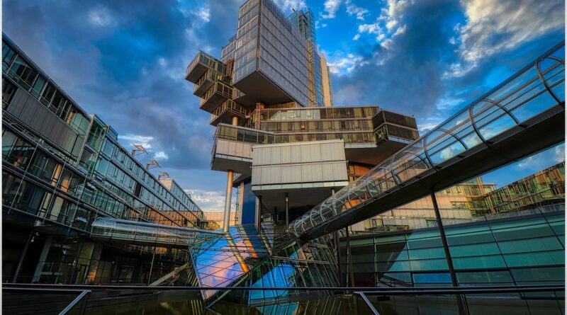 skyscraper, glass, architecture, window, facade, modern, high, glass front, nord lb, bridge, gangway, office building, reflection, stained glass window, glass facades