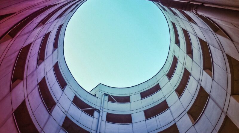 architecture, building, city, modern, structure, perspective, heaven, facade, urban, dusseldorf, multi storey car park, round, floors, levels