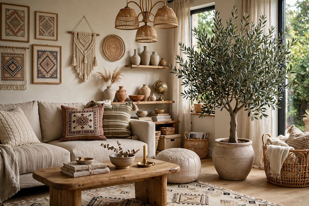 boho, interior, living room, wooden furniture, olive tree, woven basket, tapestry, natural light, ceramics, ethnic pattern, cozy, decoration, pillow, natural textile, earth tones, modern design, cozy interior, macrame, natural style, vintage, comfort