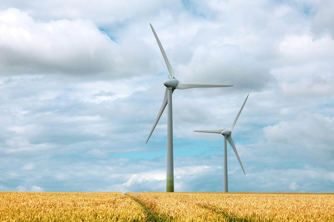 pinwheels, wind power, electricity, energy, ecologically, sustainable, heaven, field, clouds, blue, environmentally friendly, landscape, nature, environment, environmental engineering, fields, fehmarn, schleswig-holstein
